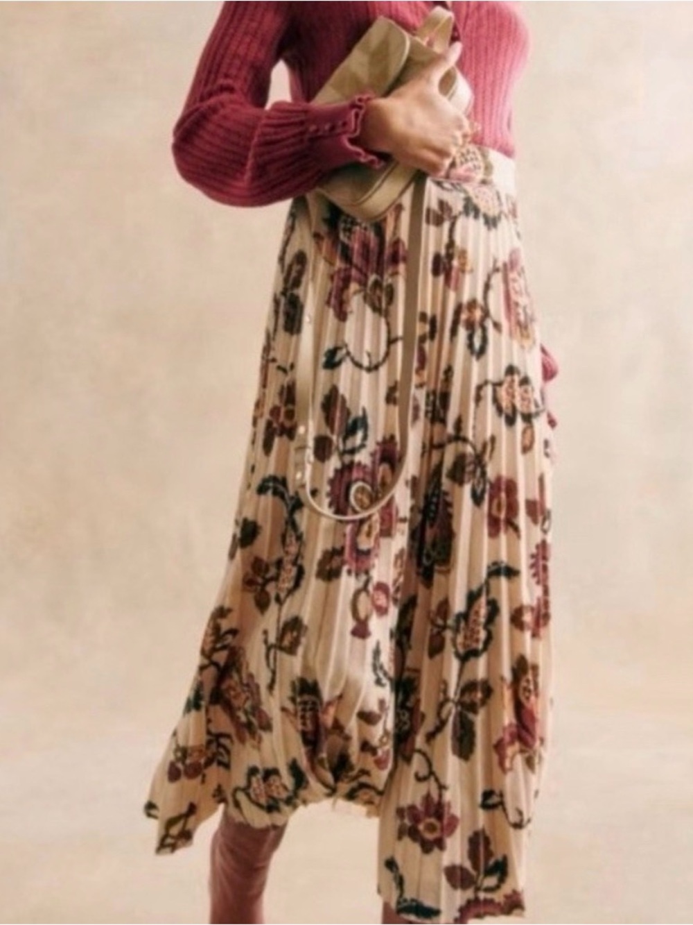 Sezane Velvet Pleated Floral ‘Dune’ Midi Skirt - Picture 2 of 10